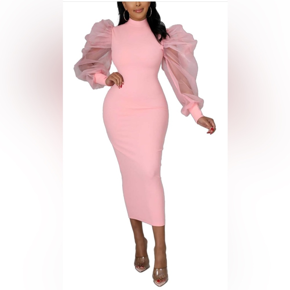 Women's See Through Bodycon Dress Sheer Mesh Long Puff Lantern Sleeve